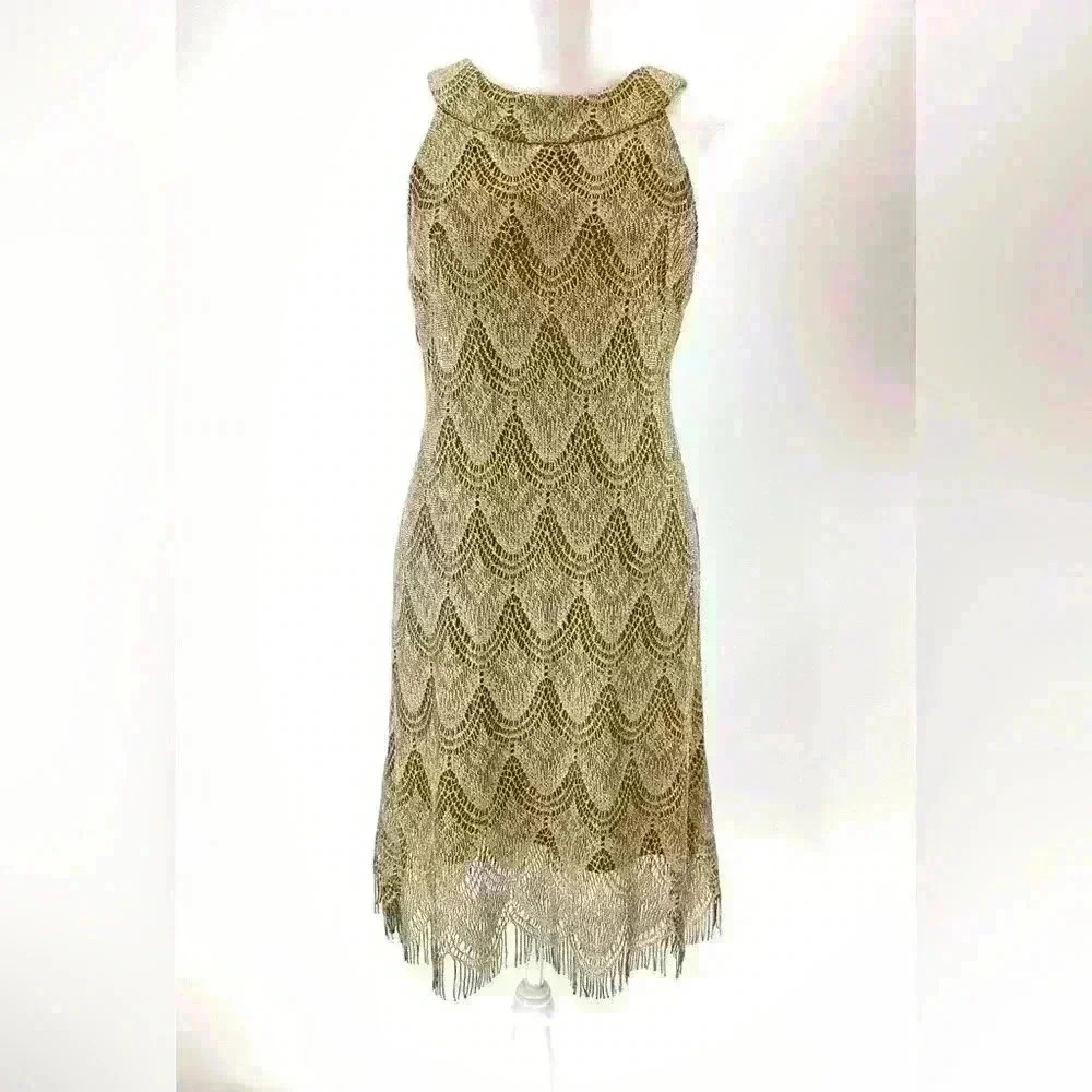 SL FASHIONS Petite Women no size tag Gold Lace Fringe midi party dress D17